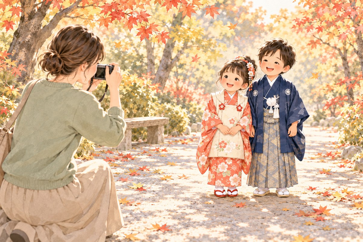 秋の屋外で晴れ着姿の子どもたちの記念写真を撮る架空の親